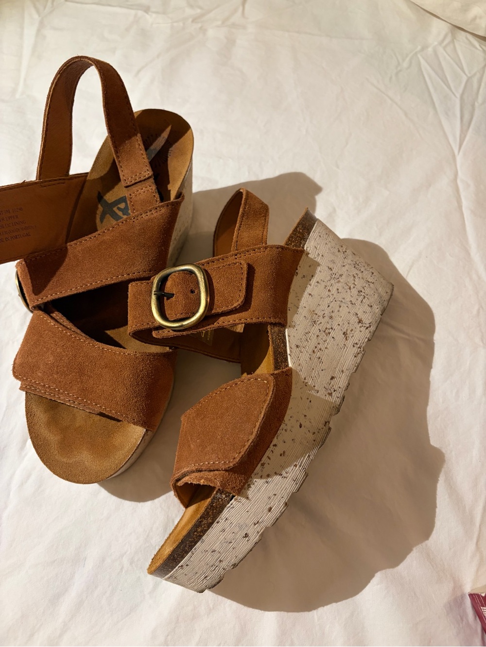 OTBT Chestnut Suede Cork-Effect Wedge Sandals with Buckle